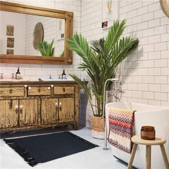 Black Kitchen Rug, Cotton Hand Woven Recycled Throw Rug Runner - Picture 6 of 8